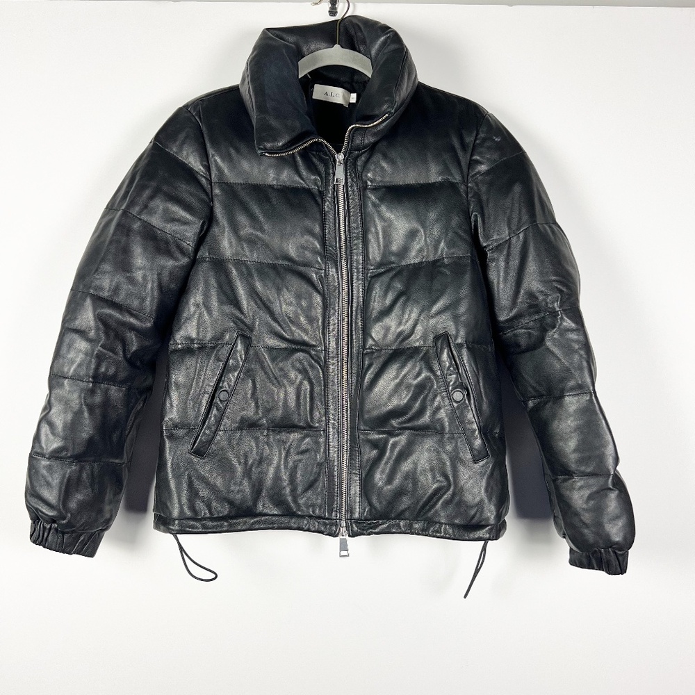A.L.C. Denver Genuine Leather Quilted Puff Full Zip High Neck Jacket Coat Black
